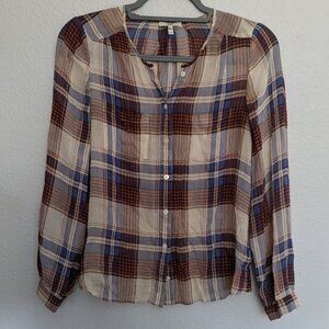 Joie 100% Silk Blouse Red Orange Blue Dark Brown Plaid S